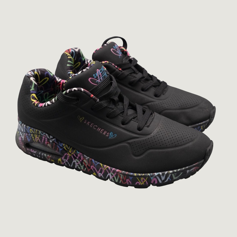 Skechers Uno Loving Love Women's Black Heart Graffiti Sneakers 10 155506